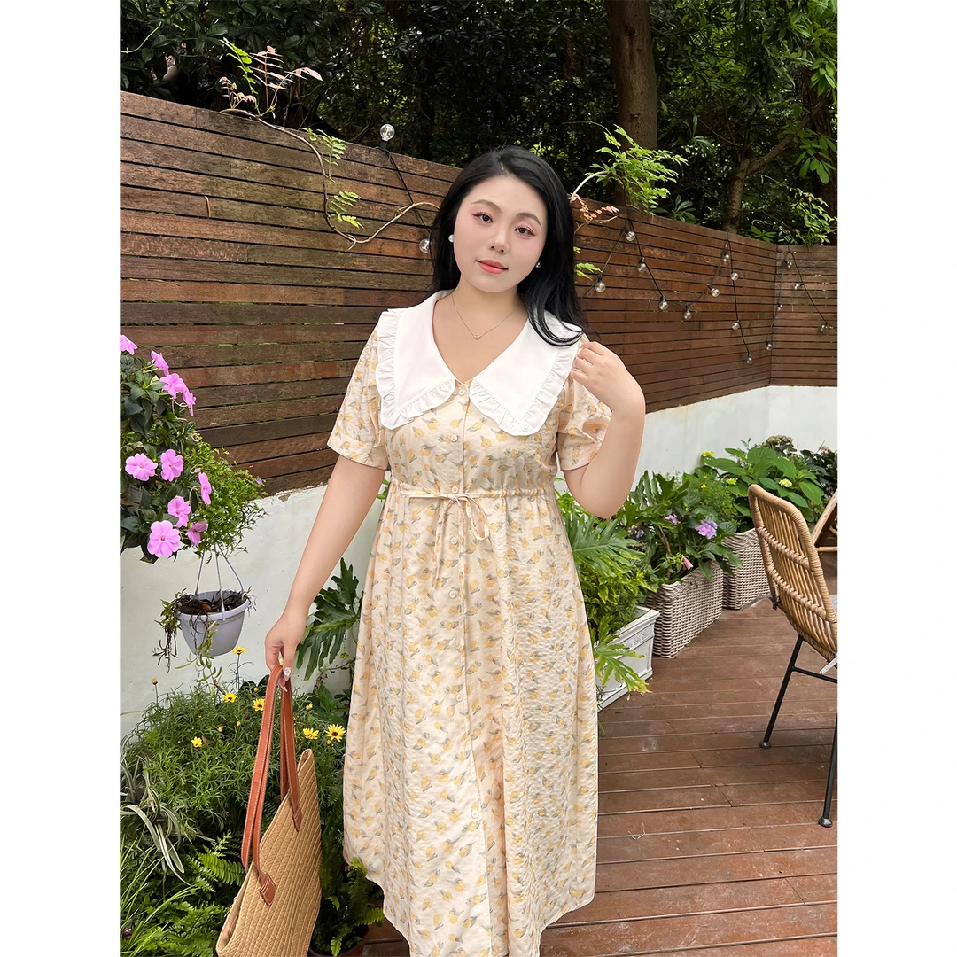 022大码百分百女装夏抽绳碎花娃娃领裙【OK 5/15】