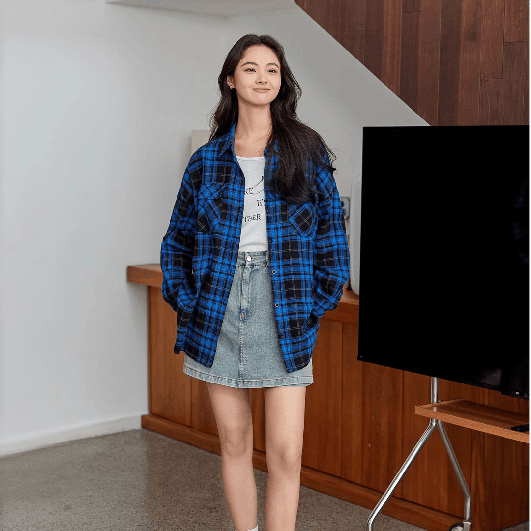 微胖大码女装显瘦休闲通勤撞色格纹衬衫外套（清）