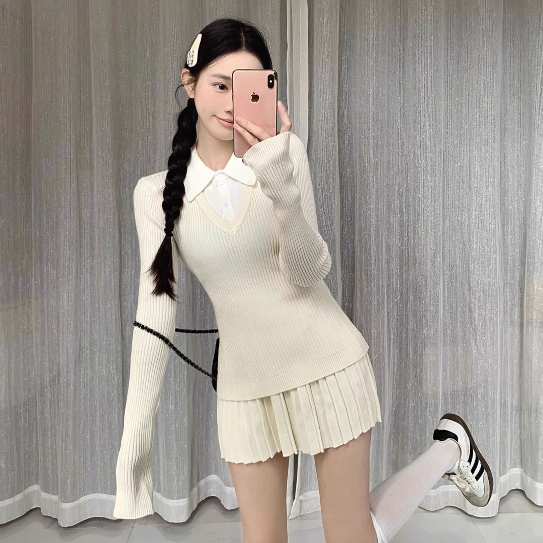 韩系小香风针织裙套装女秋冬气质学院风假两件上衣+半身短裙