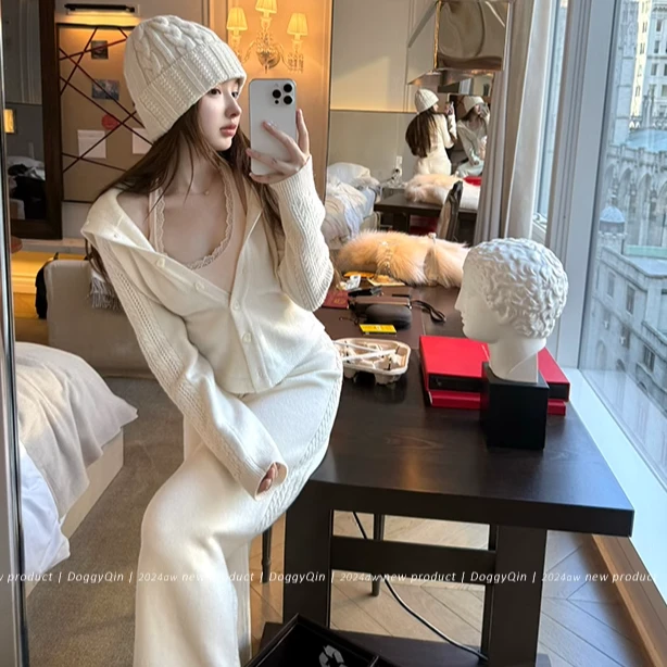 老钱懒人组/加厚高弹针织开衫女休闲裤套装2024秋冬新款两件套