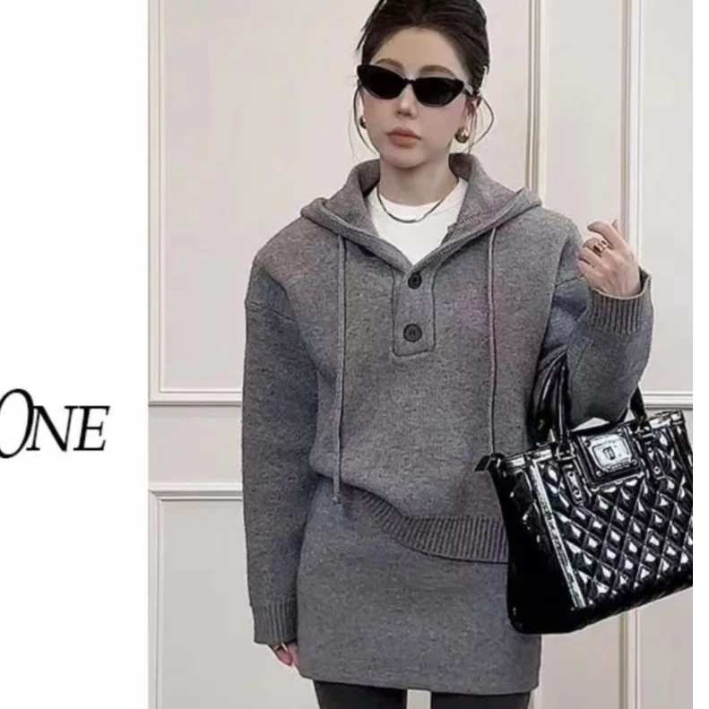 2024冬季新款两件套 韩版休闲慵懒风连帽大领厚款毛衣+短裙