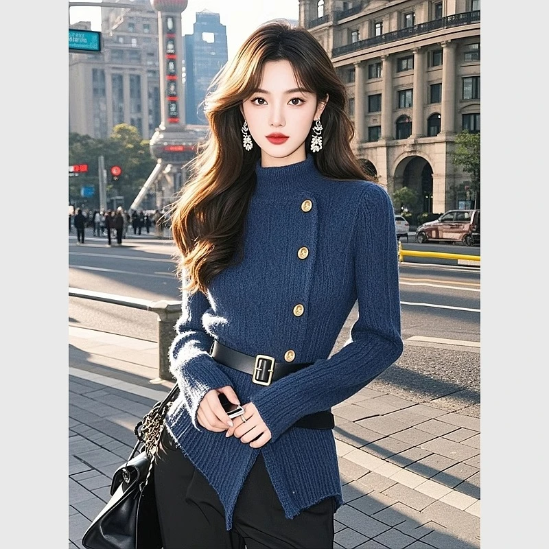 简米杉秋冬新款韩系气质针织上衣厚实减龄洋气高级感收腰毛衣女