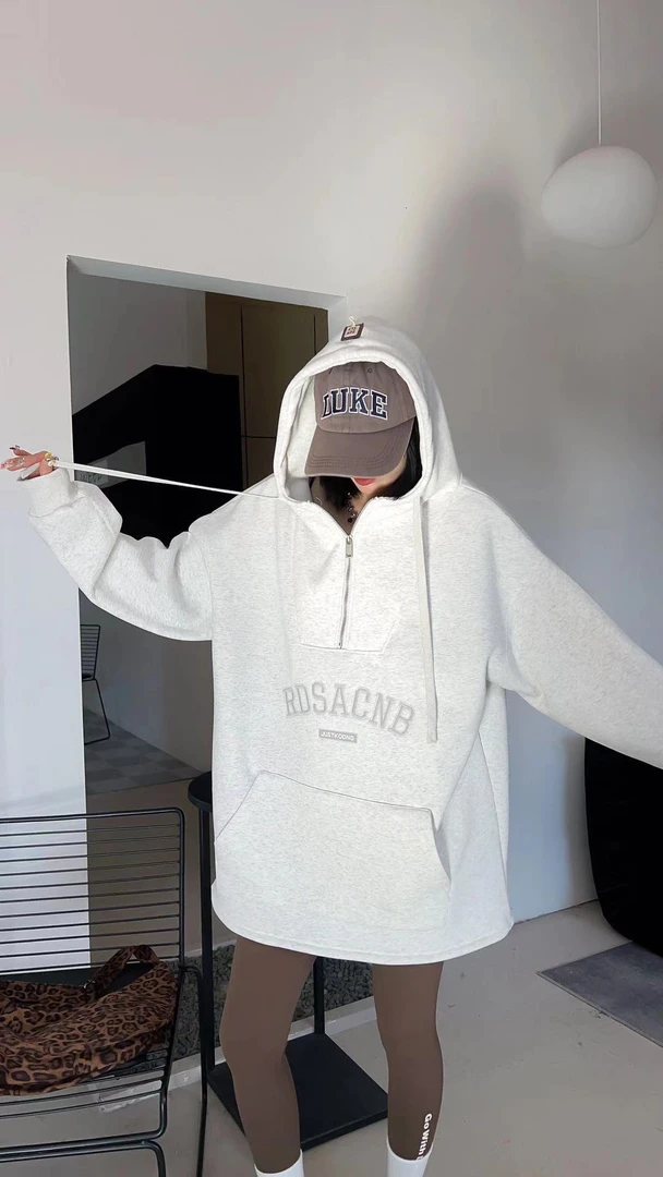 6703【加绒】半拉链字母刺绣百搭连帽宽松情侣设计师卫衣