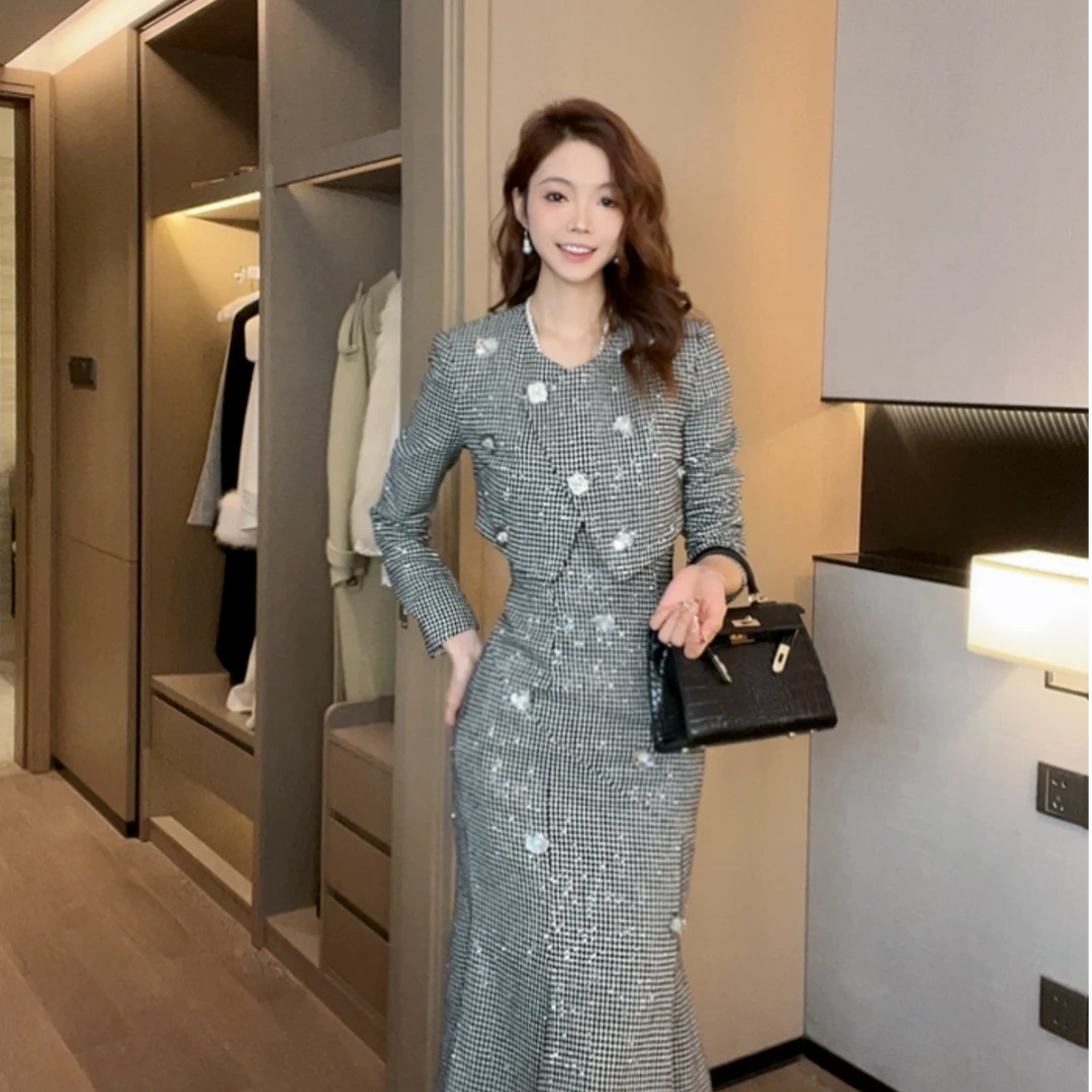 2025立体亮片花朵装饰黑白格套装DA1ASE018，DA1CSE037