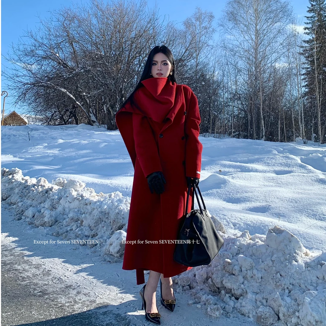 除于七【双色富士山下】冬款100绵羊毛双面中长款氛围围巾大衣 1735