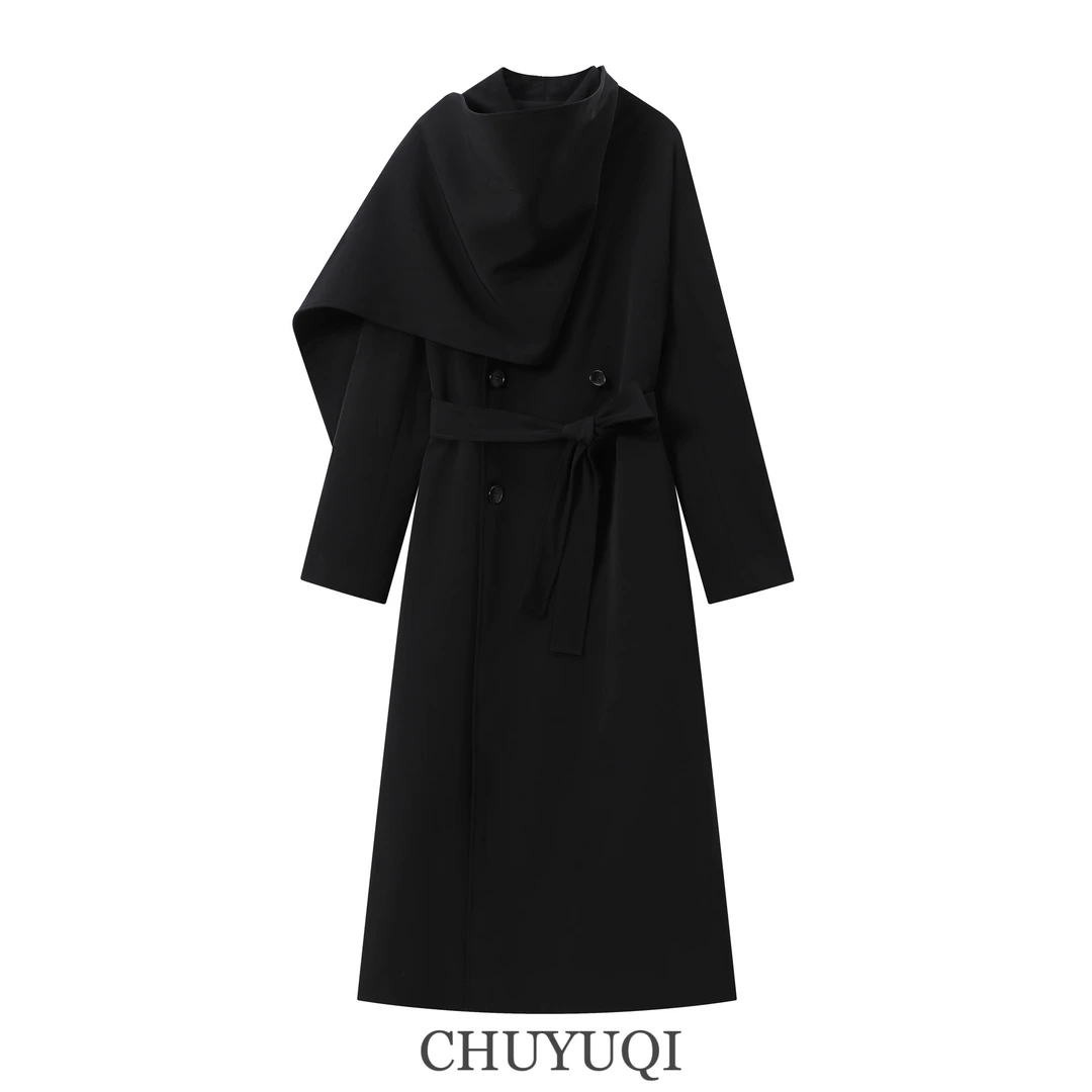 除于七【黑武士】小众设计感宽松廓形围巾秋季长款风衣外套1863