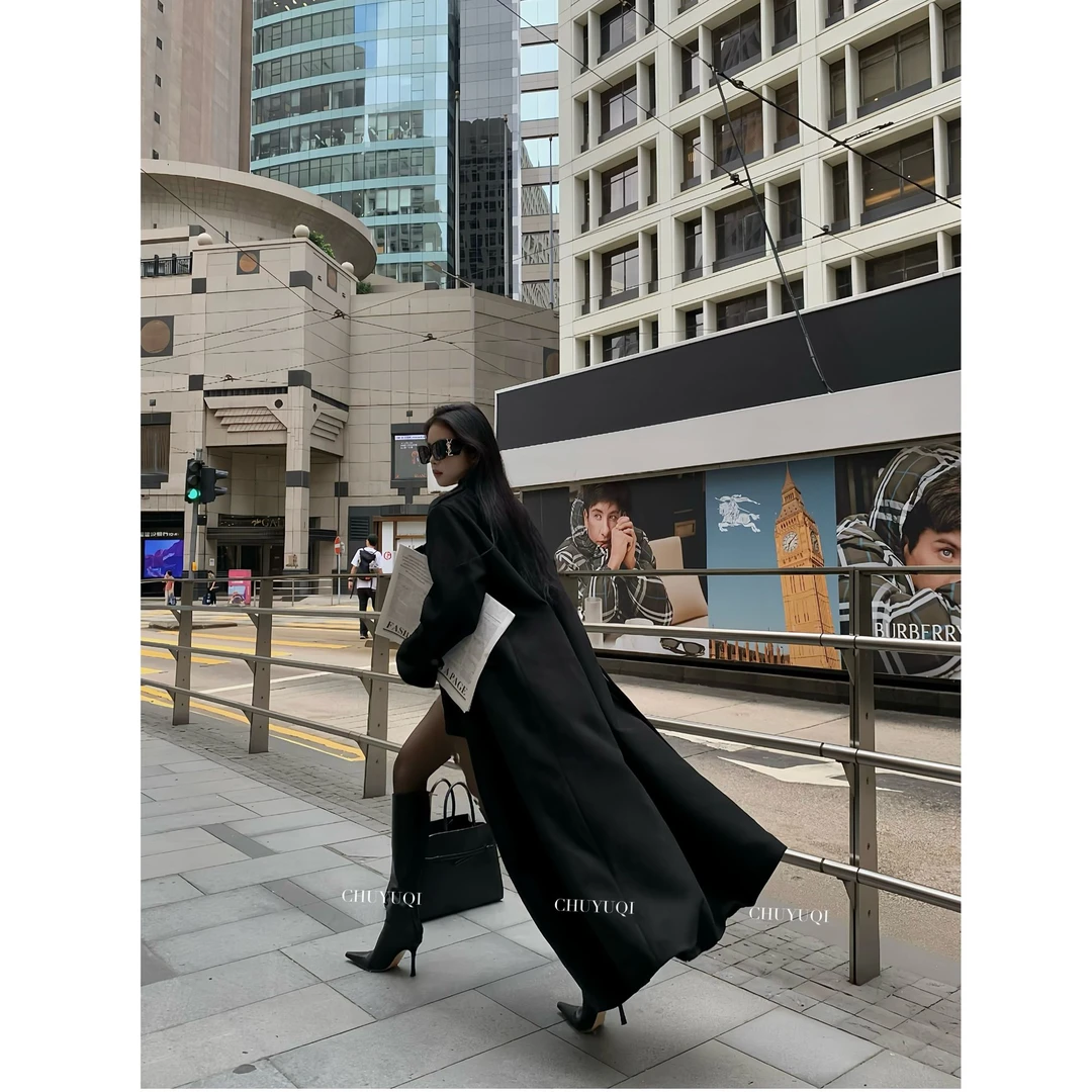 除于七【时髦与温度并存】经典翻领双排扣加绒长款保暖大衣外套1900