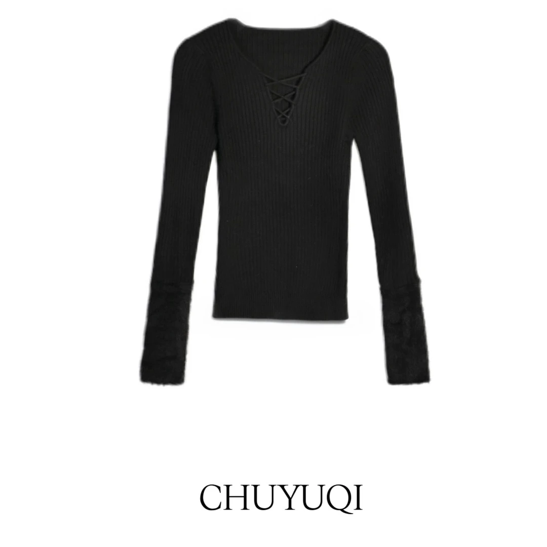 除于七 【漫感】v领长袖内搭打底针织衫女秋冬绑带辣妹修身上衣1931