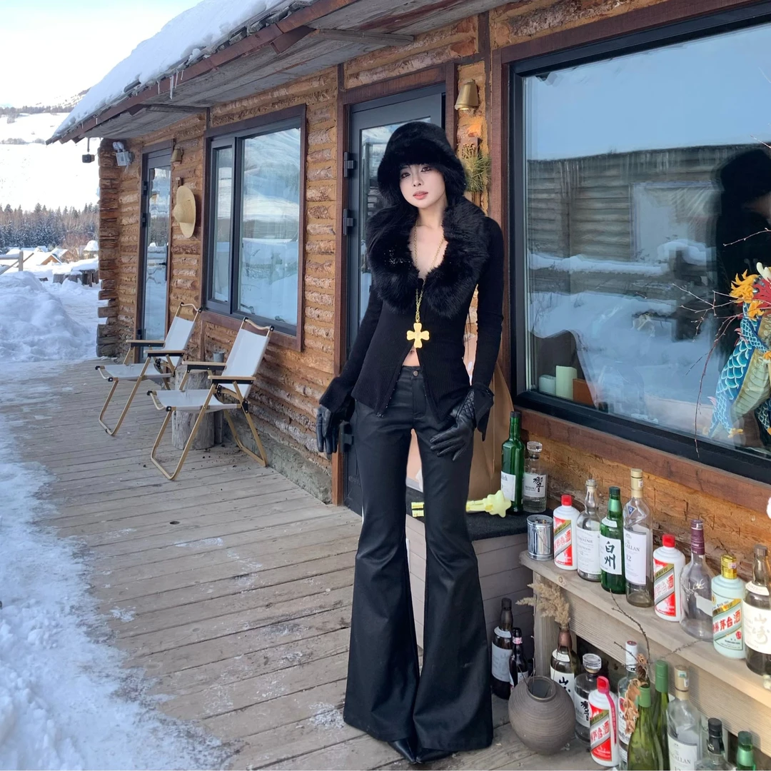 除于七【比例秘诀】黑色皮裤女秋冬新款时髦显瘦宽松低腰皮裤1935