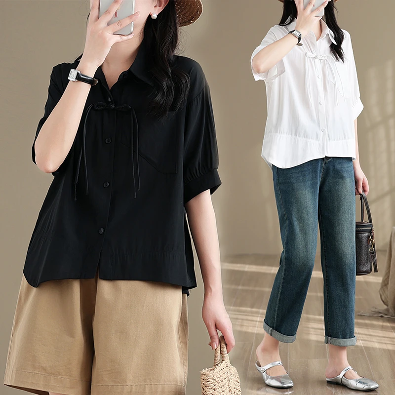 翻领新中式国风短袖衬衫女不规则下摆盘扣上衣