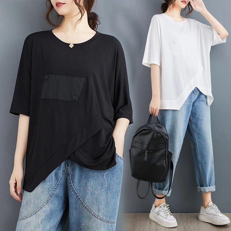 大码圆领套头不规则下摆纯色T恤衫宽松短袖上衣女显瘦
