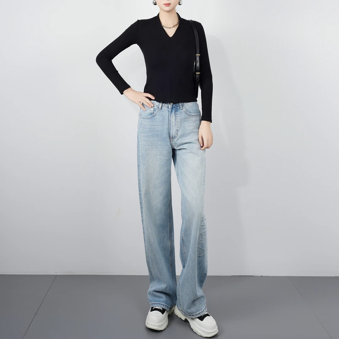 WENDY·HUANG2024新款宽松女高级高腰窄版阔腿显瘦气质直筒牛仔裤