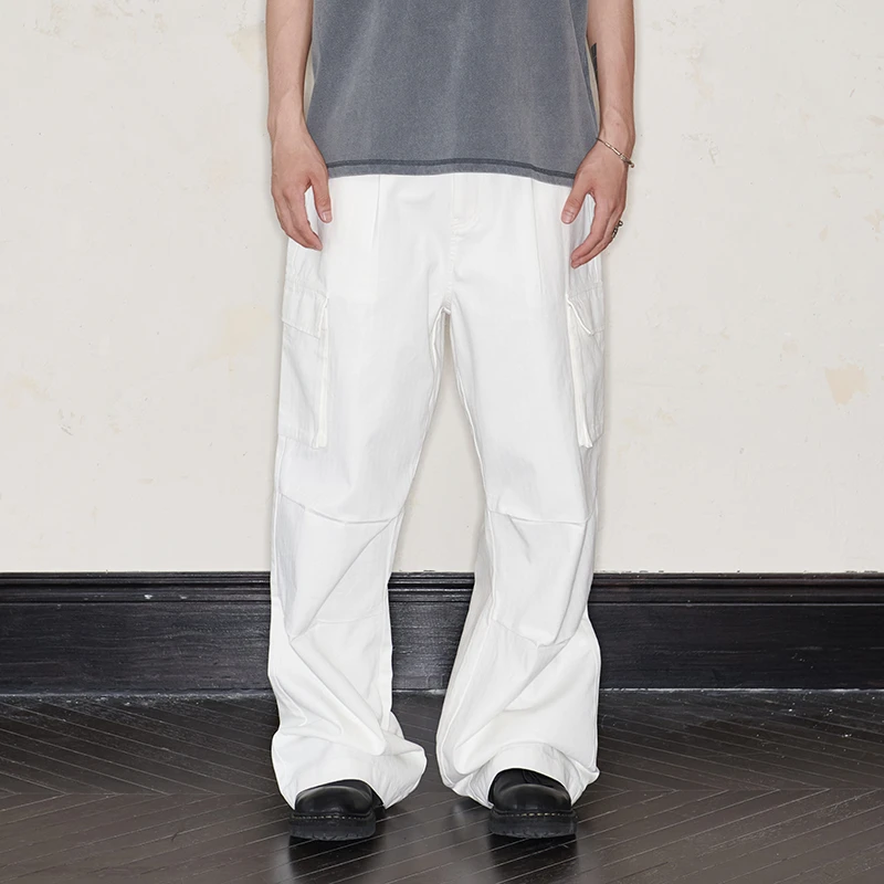 UARIED乳白人字纹工装日系休闲百搭复古阔腿廓形宽松直筒打褶长裤