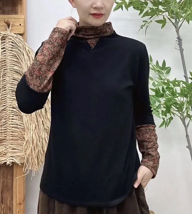 2823拼接半高堆堆领打底衫T恤女冬季加薄绒保暖复古文艺长袖卫衣