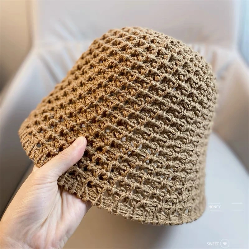 2024新款编织水桶帽子女夏薄款百搭遮阳盆帽短檐透气防晒渔夫帽