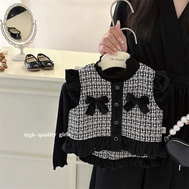 儿童童装女童套装23秋格子外套宝宝小香风两件套儿童韩国气质无袖