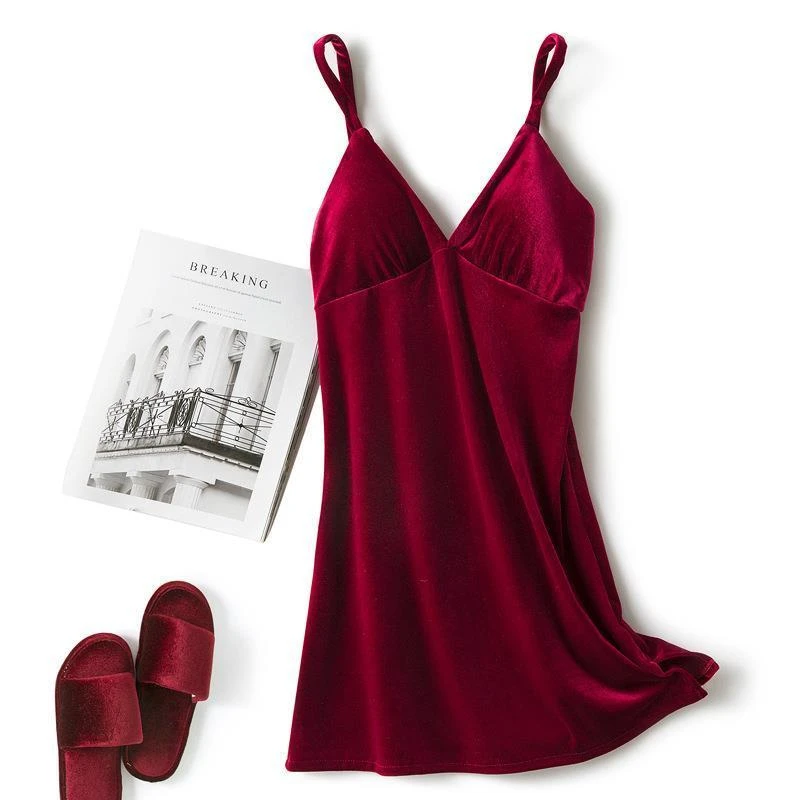 睡衣新款睡裙保暖短裙胸垫大码睡衣吊带睡衣红色睡衣秋冬家居服