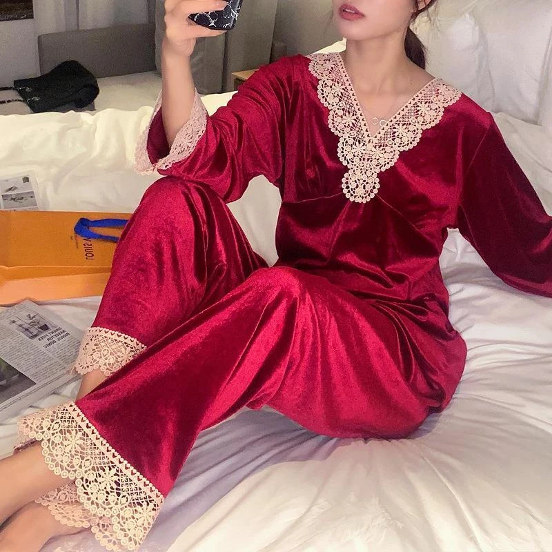 新秋冬季睡衣女士性感蕾丝长袖长裤睡衣两件套装保暖金丝绒可外穿