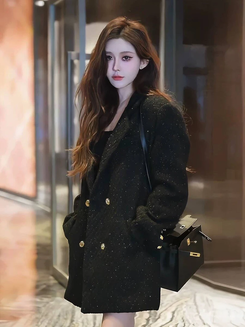 好品质奢华亮丝气质法式毛呢加厚保暖高级感双排金扣西装外套大衣