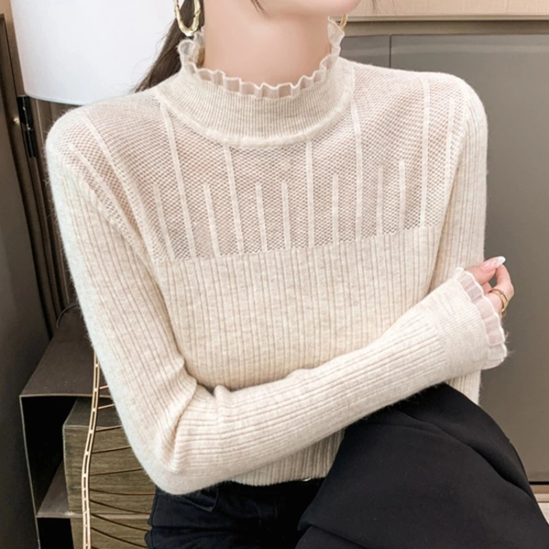 苏陌半高领蕾丝花边打底衫女春秋新款针织内搭毛衣洋气设计感上衣