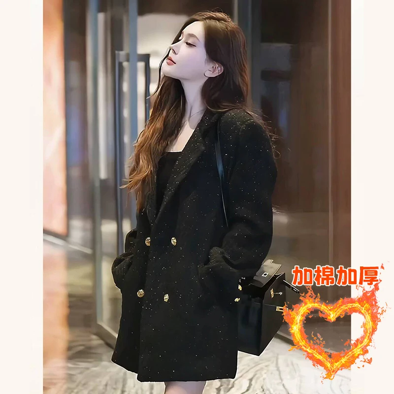 高品质高档亮丝气质法式赫本风新款黑色高级感双排金扣西装外套衣