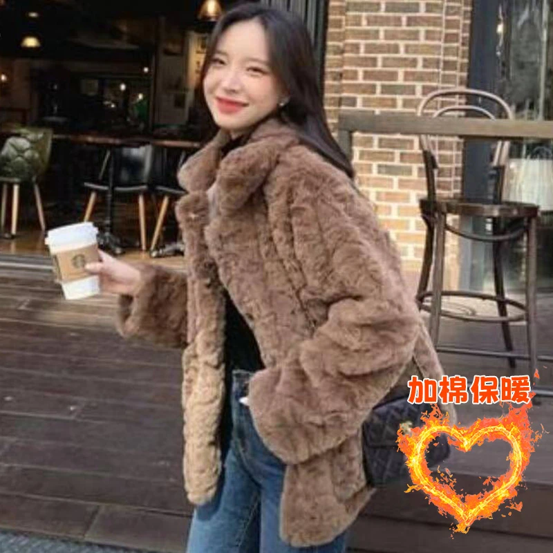 清韩系时尚2024新款韩版冬季毛绒宽松加厚短款翻领毛绒绒外套