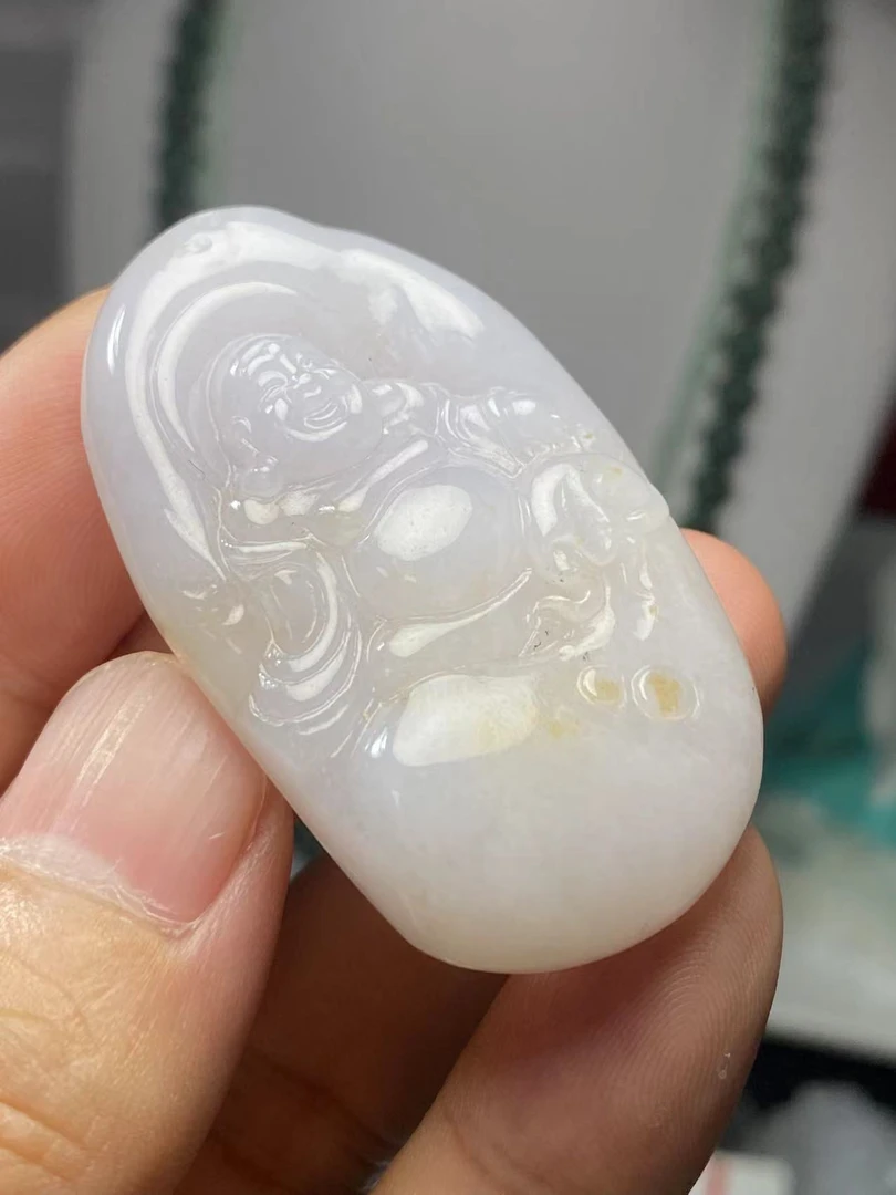 天然翡翠a货紫底洒金细糯化布袋佛逍遥弥罗佛公吊坠50-31-9.6