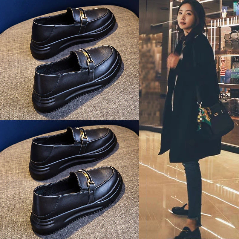 真皮乐福鞋女春秋软皮厚底内增高显脚小黑色一脚蹬两穿小皮鞋单鞋