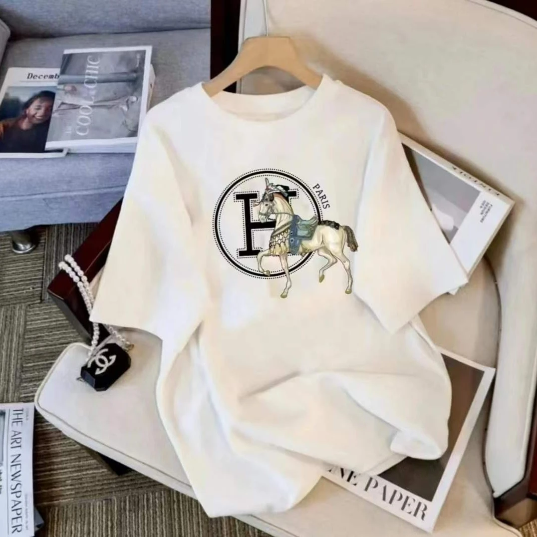 透气宽松夏季潮流休闲时尚百搭印花T恤—白马