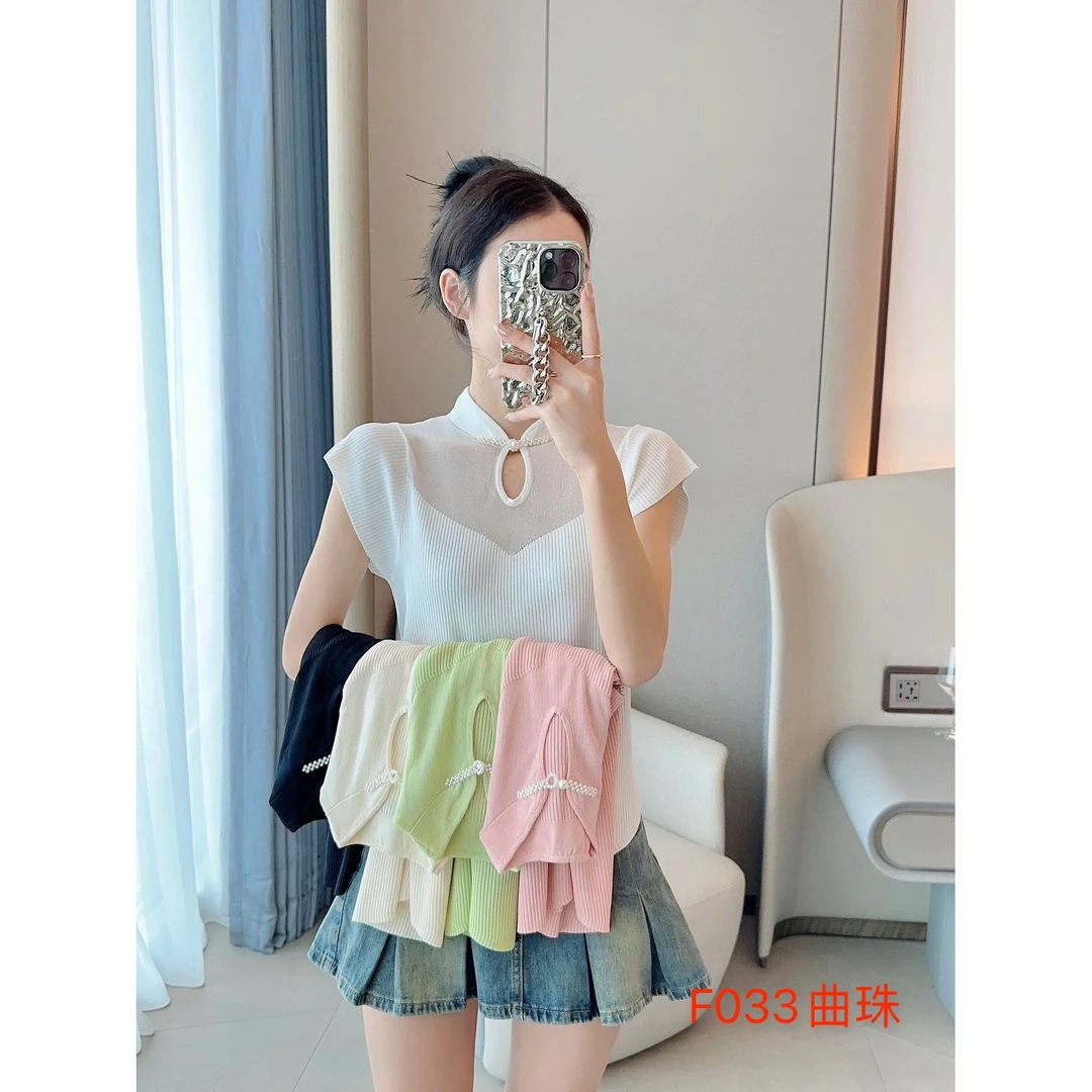 新中式盘扣网纱立领针织短袖T恤女曲珠夏季新短袖国风设计感上衣