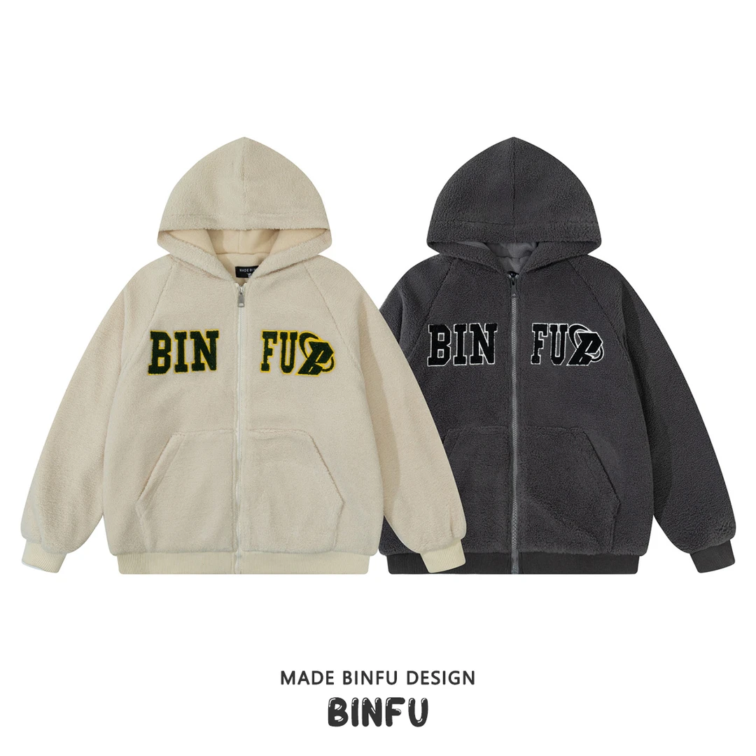 BINFU 新款美式复古风男女同款摇粒绒加绒加厚情侣装宽松连帽外套