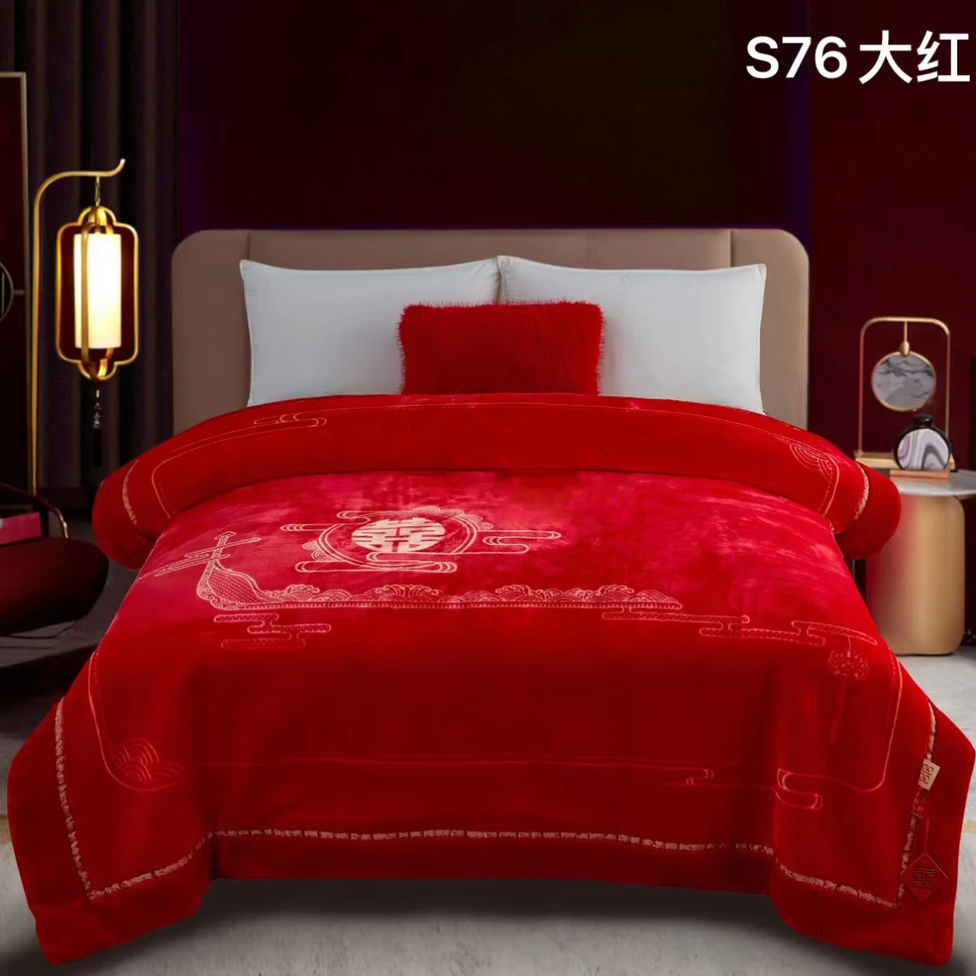 大红色婚庆毛毯双层加厚拉舍尔冬季盖毯结婚陪嫁