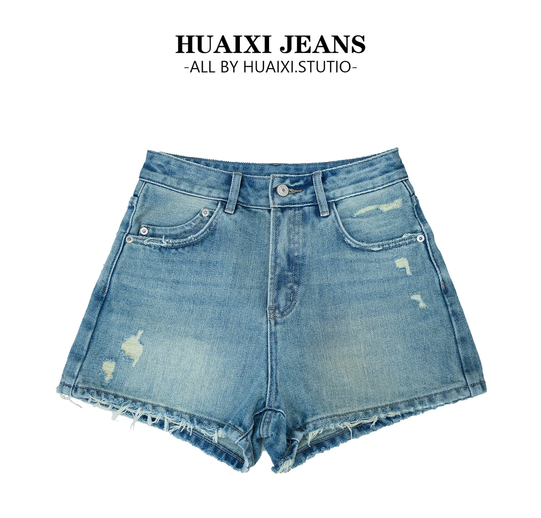 【夏风】夏季重工毛边牛仔裤新款蓝色a字显瘦百搭热裤潮流破洞高腰