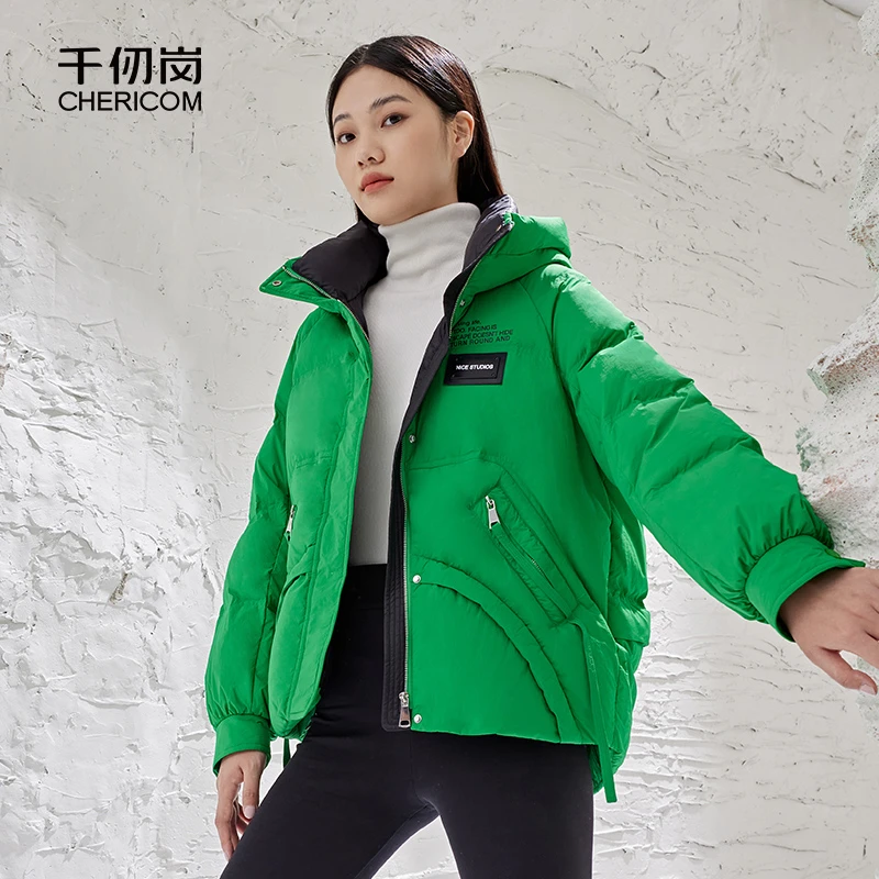 千仞岗女百搭简约加厚时尚女士保暖潮流短款连帽羽绒服Y289090Y