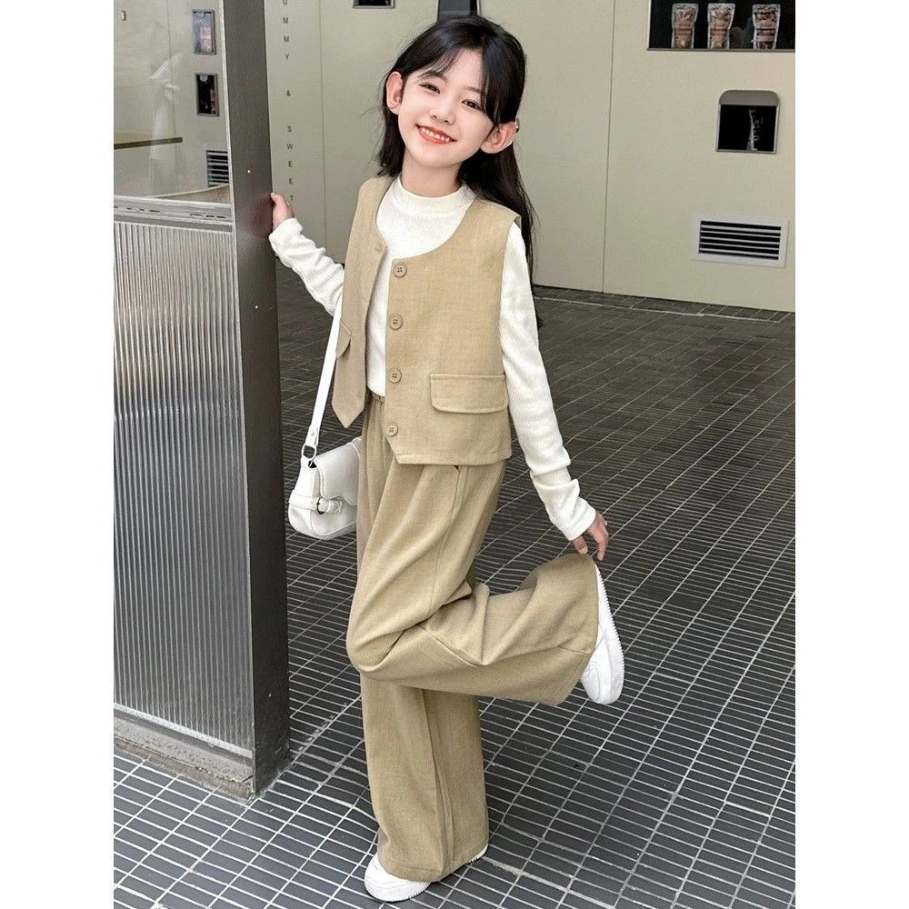 女童秋装套装2025新款洋气儿童春秋款时髦童装时尚西装马甲三件套