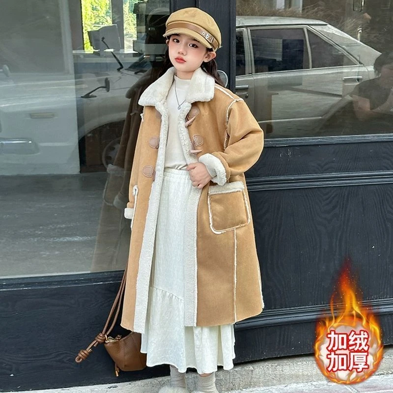 女童加绒大衣外套2024新款大童洋气过膝长款风衣冬款加厚皮毛一体