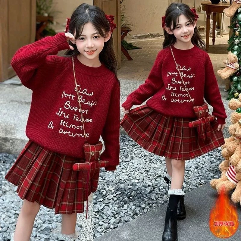 女童红色毛衣洋气时髦秋冬套装新款加厚圣诞节过年服百褶裙两件套