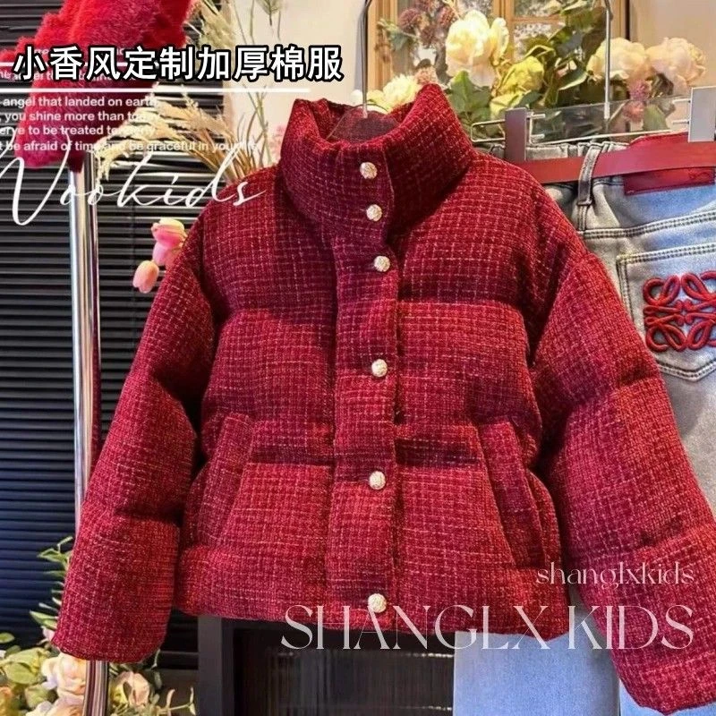 女童棉服加厚红色棉衣年服2024新款冬季夹棉加绒外套儿童保暖冬装