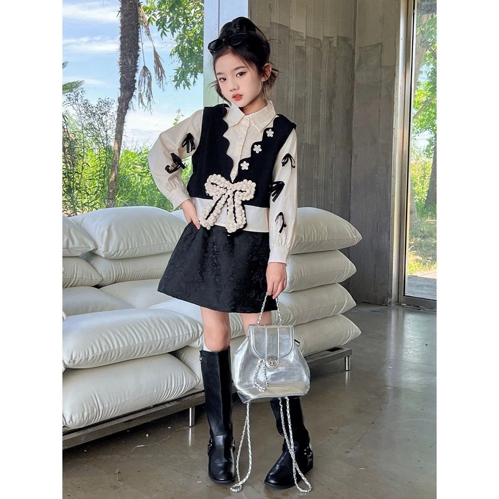 女童小香风套装秋裤2024新款中大童时尚长袖衬衫韩版短裙两件套潮