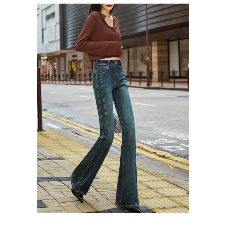 【REDU】拼接牛仔裤女通勤2023年秋装新款复古高腰弹力显瘦微喇裤女