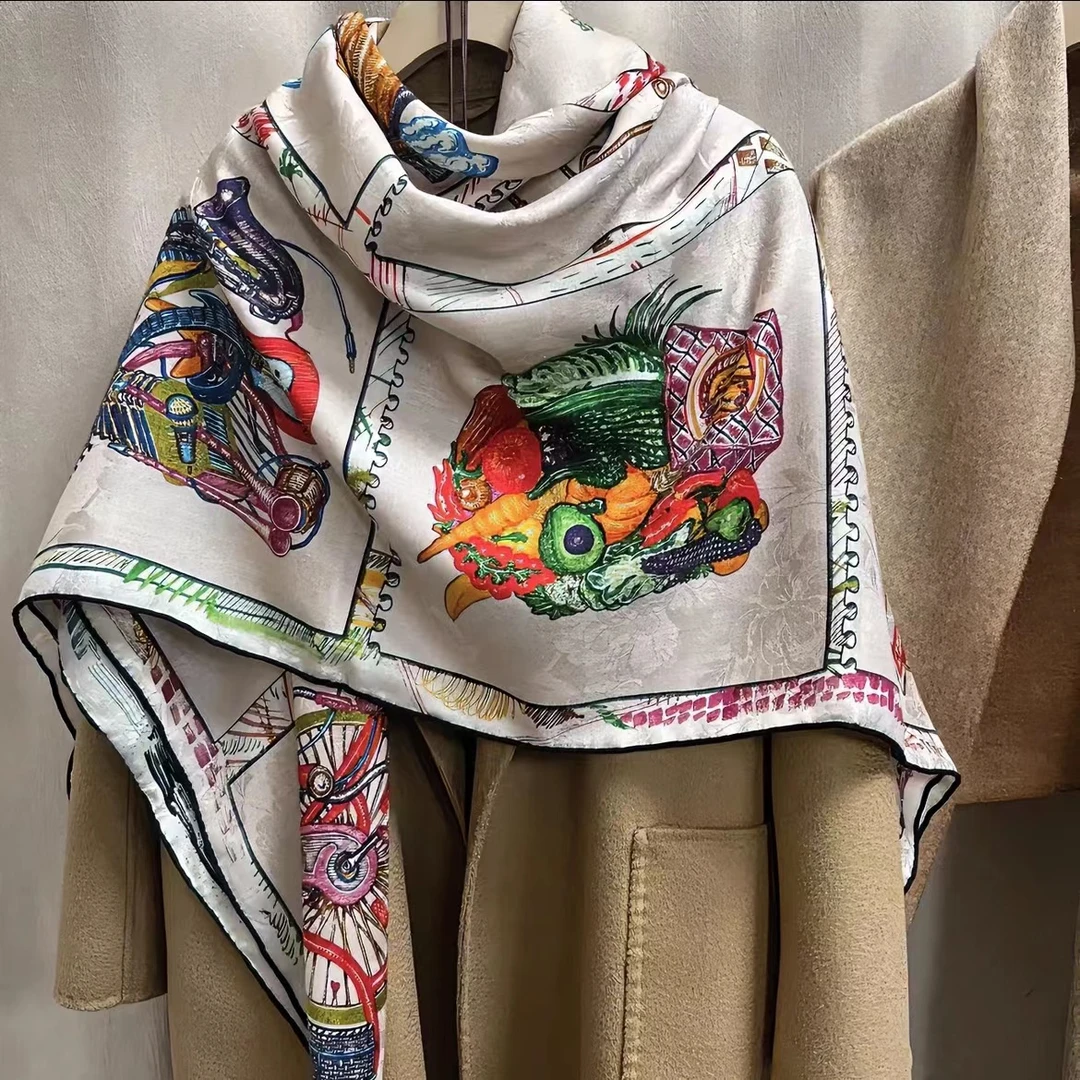 【140丝绒方巾-提花宫格小马】135*135cm桑蚕丝羊绒优雅披肩印花