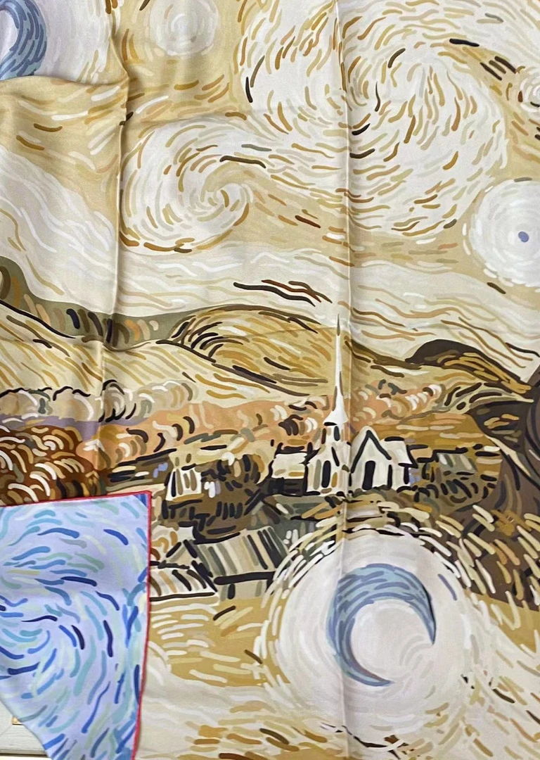 【110巴拿绸方巾-屋子下的月亮双面】106*106cm桑蚕丝丝巾披肩气质