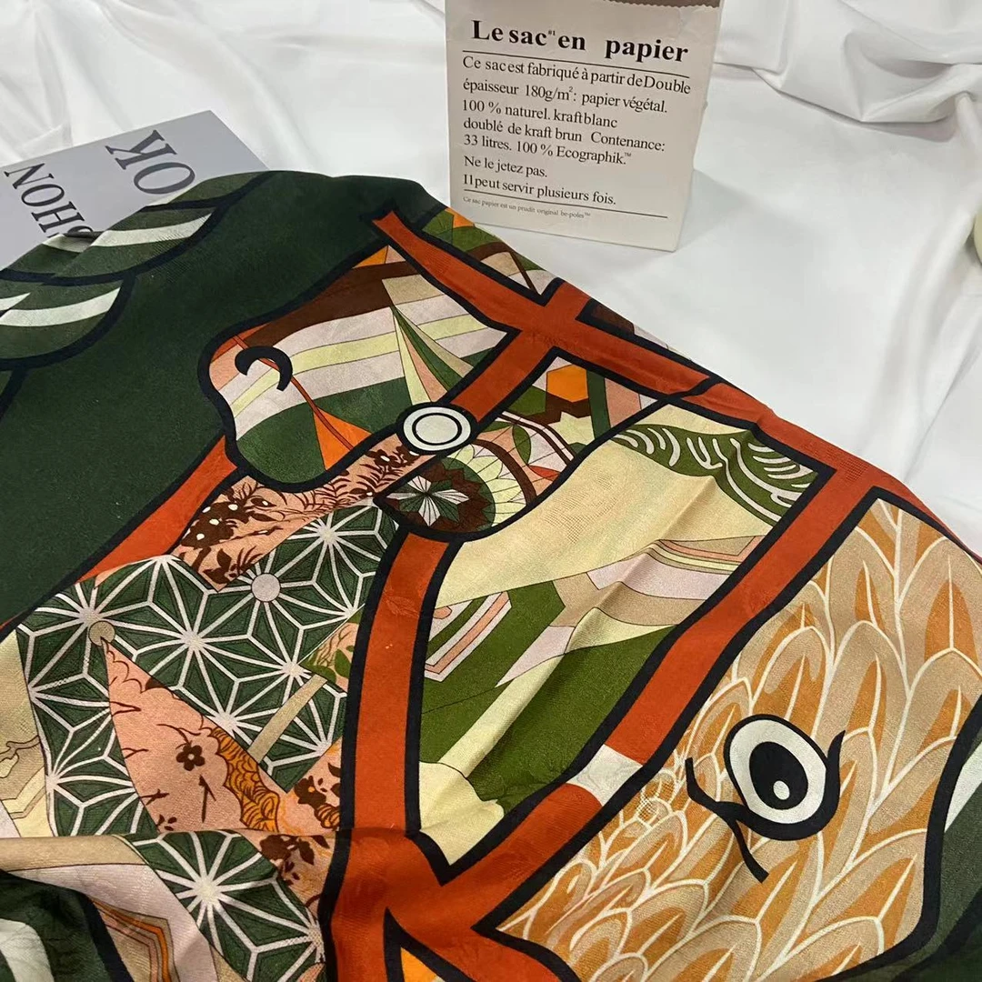 【140丝绒方巾-盛绿花图】135cm 花罗色织提花丝巾女士百搭时尚经典