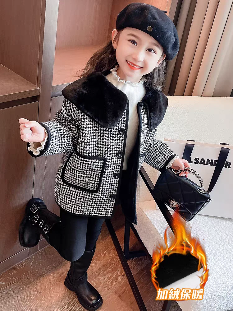 大脸猫家千鸟格加绒外套小香风女童洋气