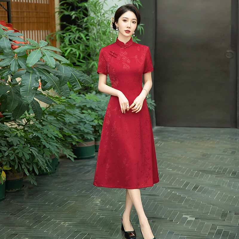 气质妈妈装送考中国风旗袍裙显瘦复古中长款时尚礼服裙日常连衣裙