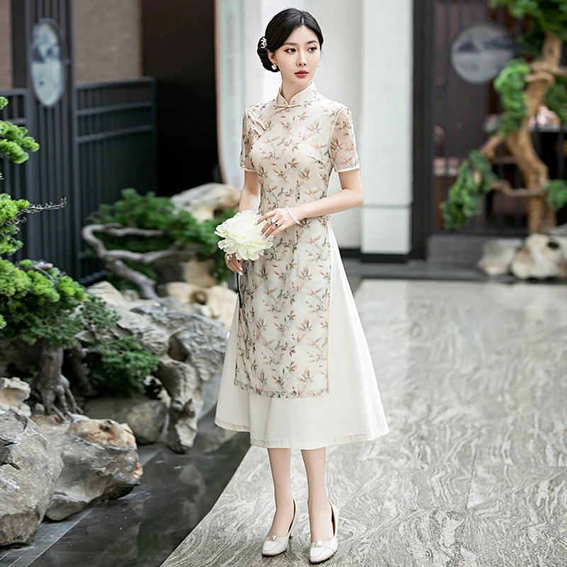 复古妈妈装改良旗袍碎花显瘦夏季优雅日常中国风礼服中式薄连衣裙
