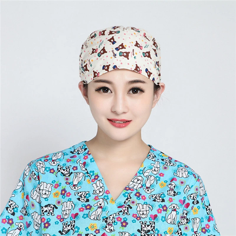 巧护士系带葫芦帽情侣小熊男女医生护士帽薄款透气棉布印花工作帽