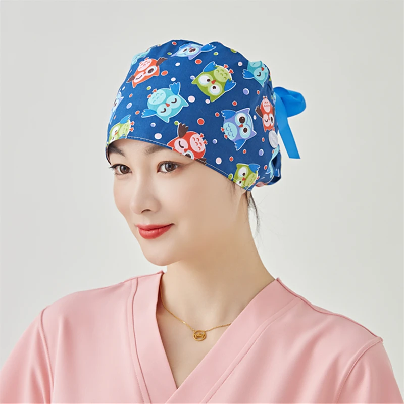 蝶尾帽卡通小鸟女医生护士长发薄款全棉印花宠物店餐饮厨师工作帽