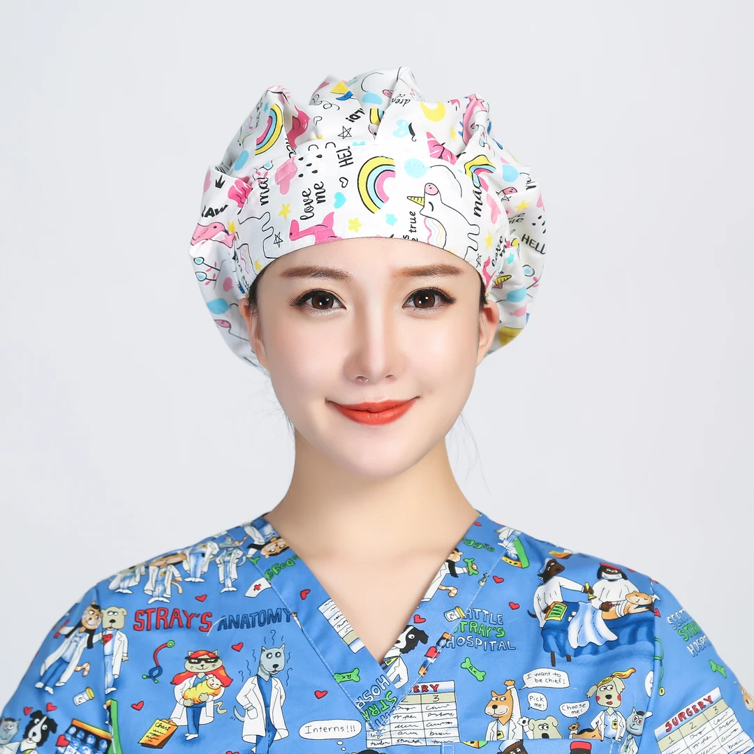 巧护士蓬蓬帽彩虹粉女医生护士帽薄款长发厨师防油烟帽纹绣工作帽