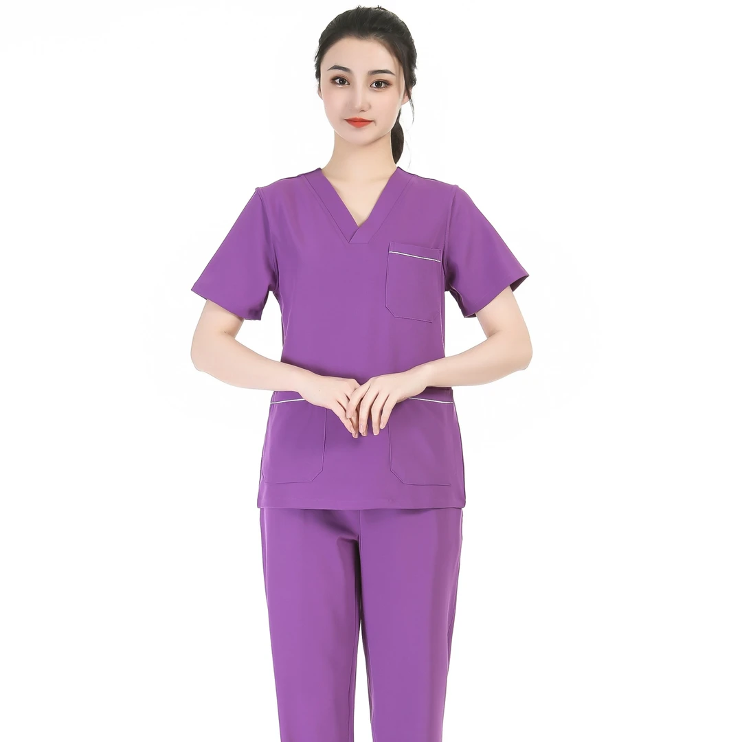 女护士服紫色V领短袖加边套装宠物医生牙科足浴养生美容院工作服